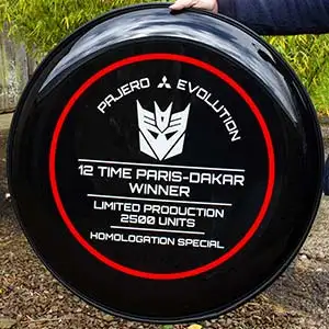 Reflective Wheel Cover. Really be seen epacially at night with this wheelcover with reflective lettering.